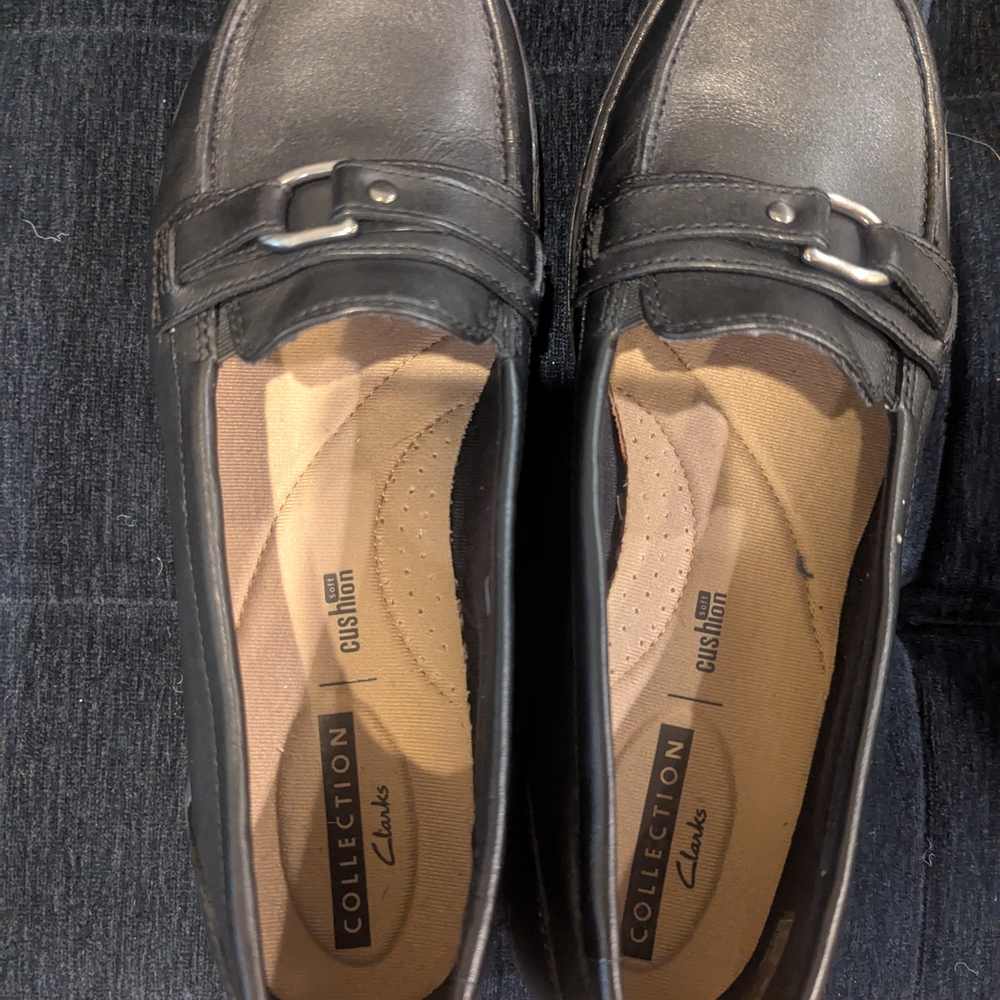 Clarks Black Leather Loafers with Silver Detail